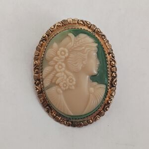Carved Cameo Brooch of Woman with Flowers In Her Hair - Ivory, Green and Gold
